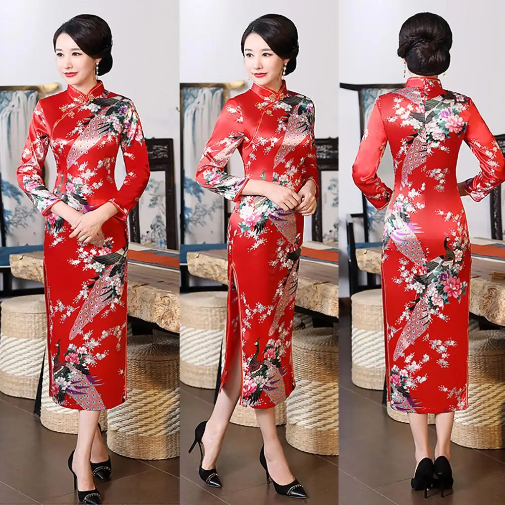 

Women Chinese 3/4 Sleeve Peacock Long Split Cheongsam Stage Show Midi Slim Dress