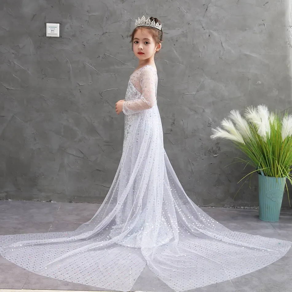 Купи Cosplay Elsa Dress Girls Sequins Party White Gowns Snow Queen 2 Elza Dresses Princess Costume Girl Party Fancy Vestido 3 Colors за 872 рублей в магазине AliExpress