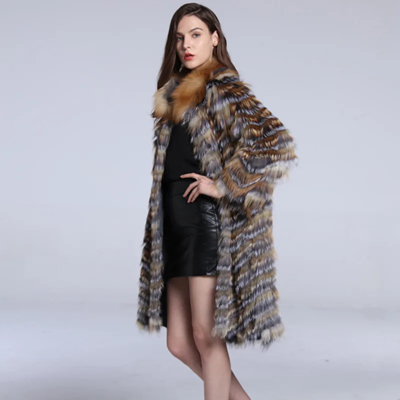 2020 New Style Natural Fox Fur Clothes Winter Warm Thick Long Full Sleeve Fox Collar Outwear Splicing Design Real Fur Coat Women