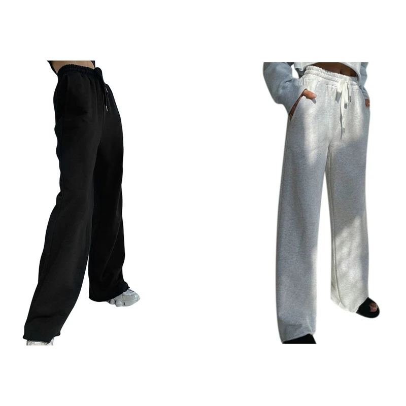 

2 Pcs High Waist Pants Streetwear Harajuku Women Wide Leg Trousers Streetwear Black S & Grey M