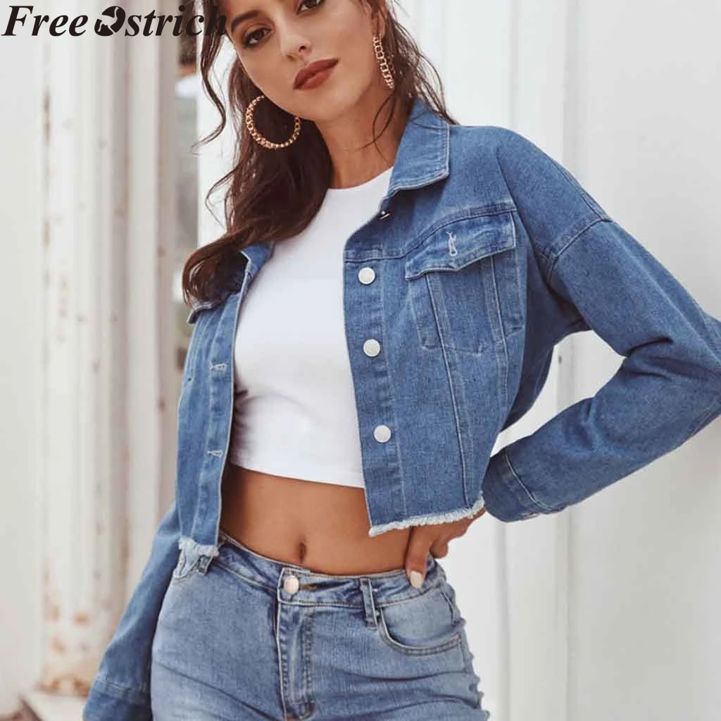 Женская джинсовая куртка с длинным рукавом модная однотонная приталенная