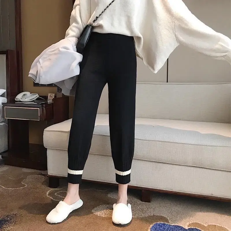 

Korean Women Trousers Autumn Knit Pants Lace Up Stretch Waist Harem Pants Thick Warm Winter Trousers Casual Outerwear Pants Y109