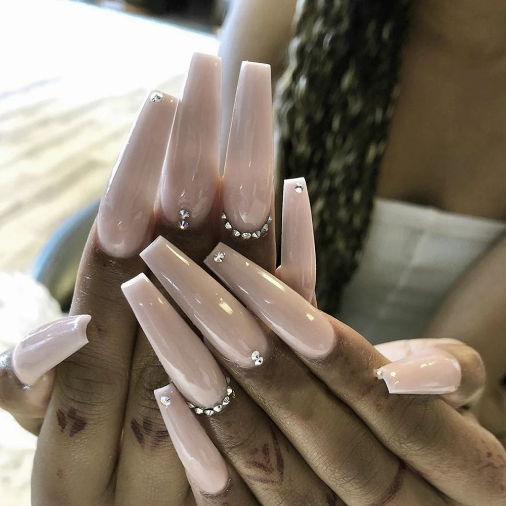 

24pcs Milk Tea Color Full Diamond False Nails Long Ballet Wearable Finished Fake Nails Patch Waterproof Removable Manicure Tips