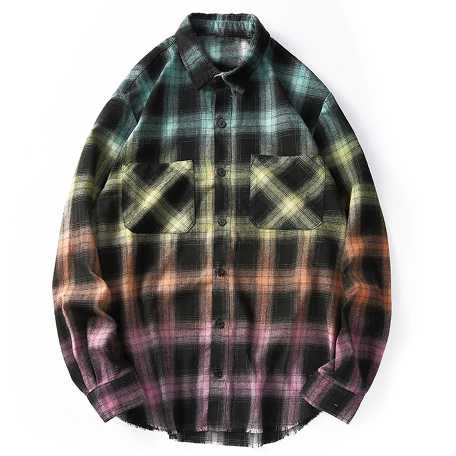 Градиент цвета радуги клетчатые хлопковые рубашки уличная одежда повседневный