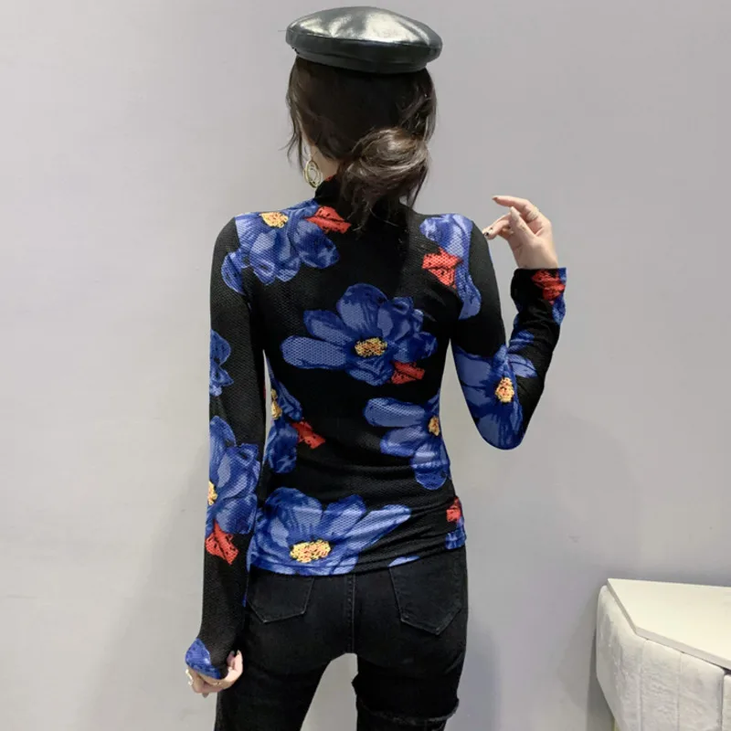 #5777 Floral Printed Mesh T Shirt Women Casual Vintage Sexy Long Sleeve Tight Thin Women's T-shirt Turtleneck Top Female Black