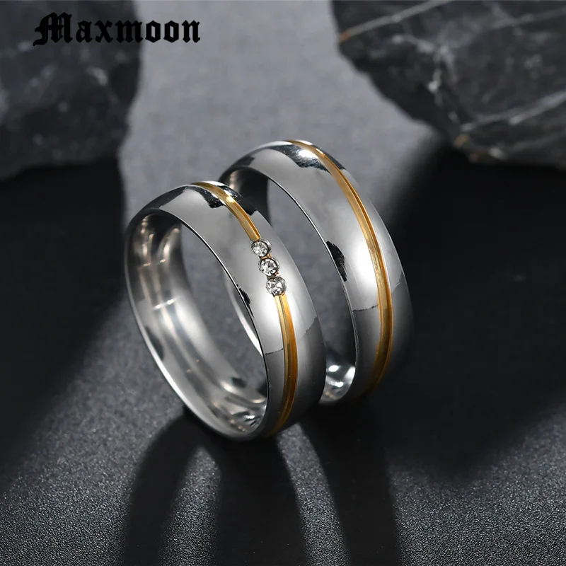 Maxmoon 2019 New Gold color Stainless Steel Wedding Bands Shiny Crystal Ring for Female Male Jewelry 6mm Engagement | Украшения и