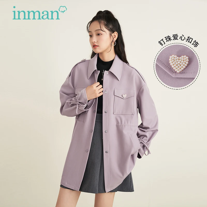 INMAN-abrigo con bolsillo de corazón para mujer, chaqueta púrpura claro que combina con todo, suelta, con puños de hoja de loto, Casaul, primavera y otoño