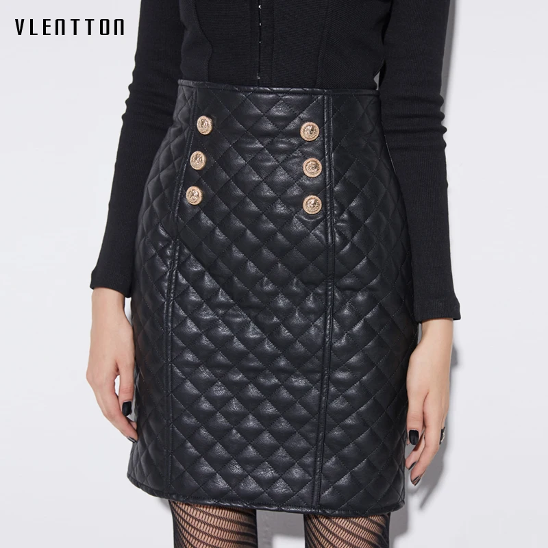 Женская мини-юбка из искусственной кожи с металлическими пуговицами и высокой