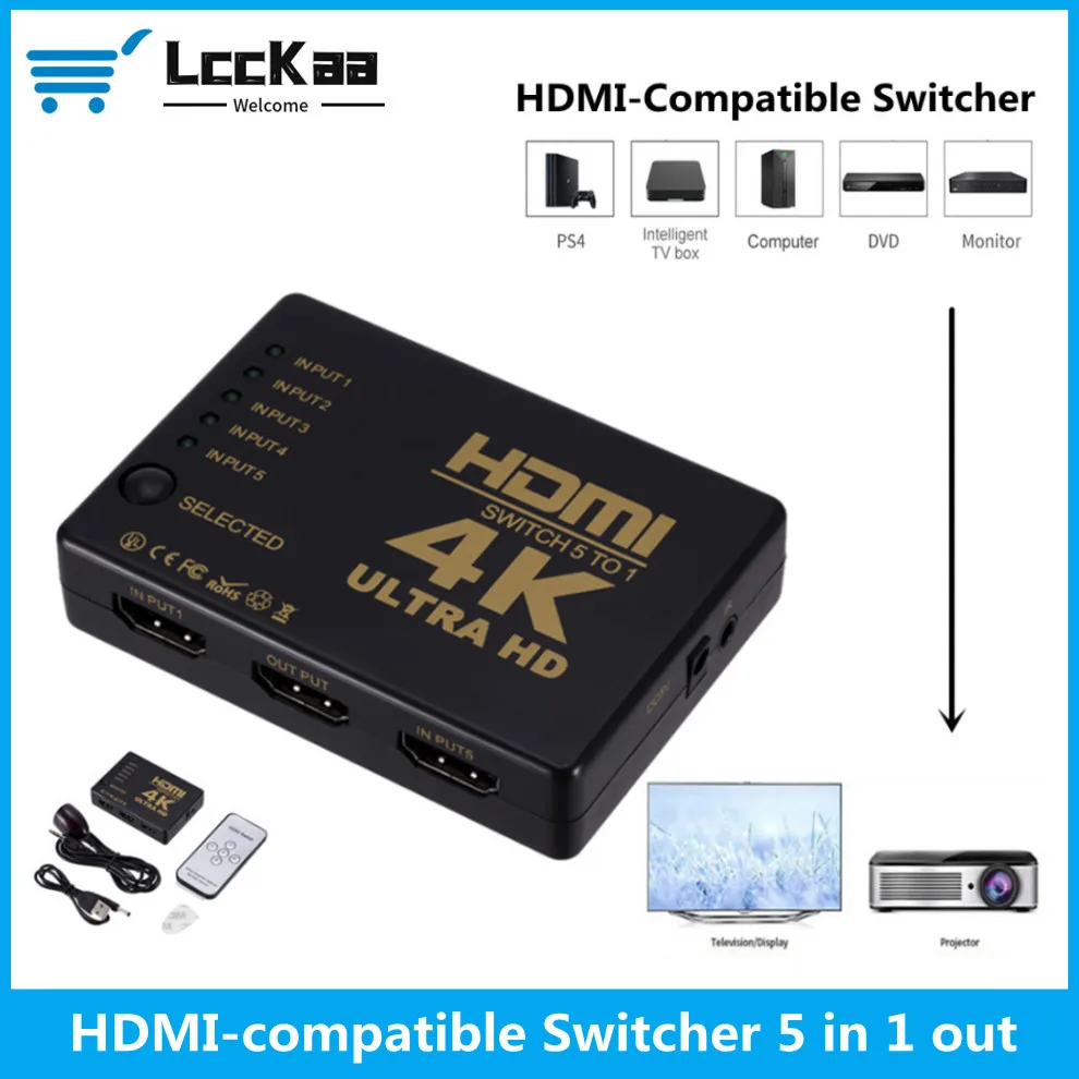 LccKaa Mini HDMI Switcher 4K HD1080P 5 Ports HDMI Switch Selector Splitter With Hub IR Remote Controller For HDTV DVD TV BOX
