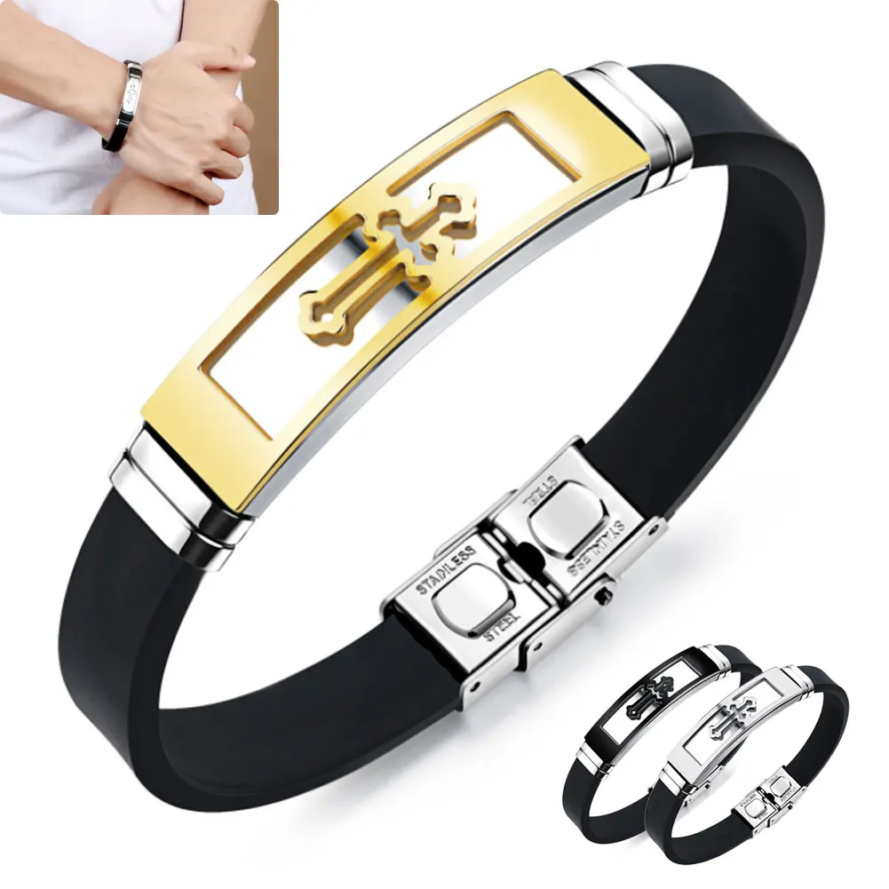 Men Silicone Titanium Steel Cross Bracelet Bangle Wristband Masculine Jewelry
