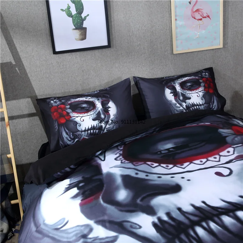 

Stylish Skull Digital Print Bedding Set with Black Background 3D Bedroom Decorative Down Quilt Cover Pillowcase US/EU Size