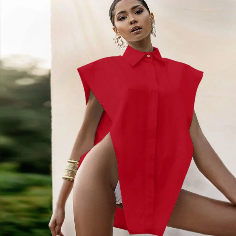 

Women Shirt Blouses Sexy Tops Split Female Waistcoat Solid Color Turn-Down Collar Sleeveless Shirt Tops Summer Clubwear Fashion