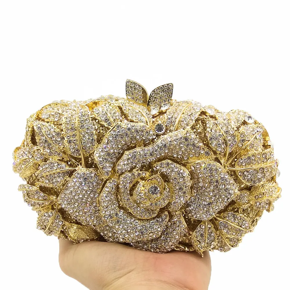 Double Flower Dazzling Women Gold Crystal Clutch Evening Handbags Metal Floral Minaudiere Wedding Party Handbag Bridal Purse |