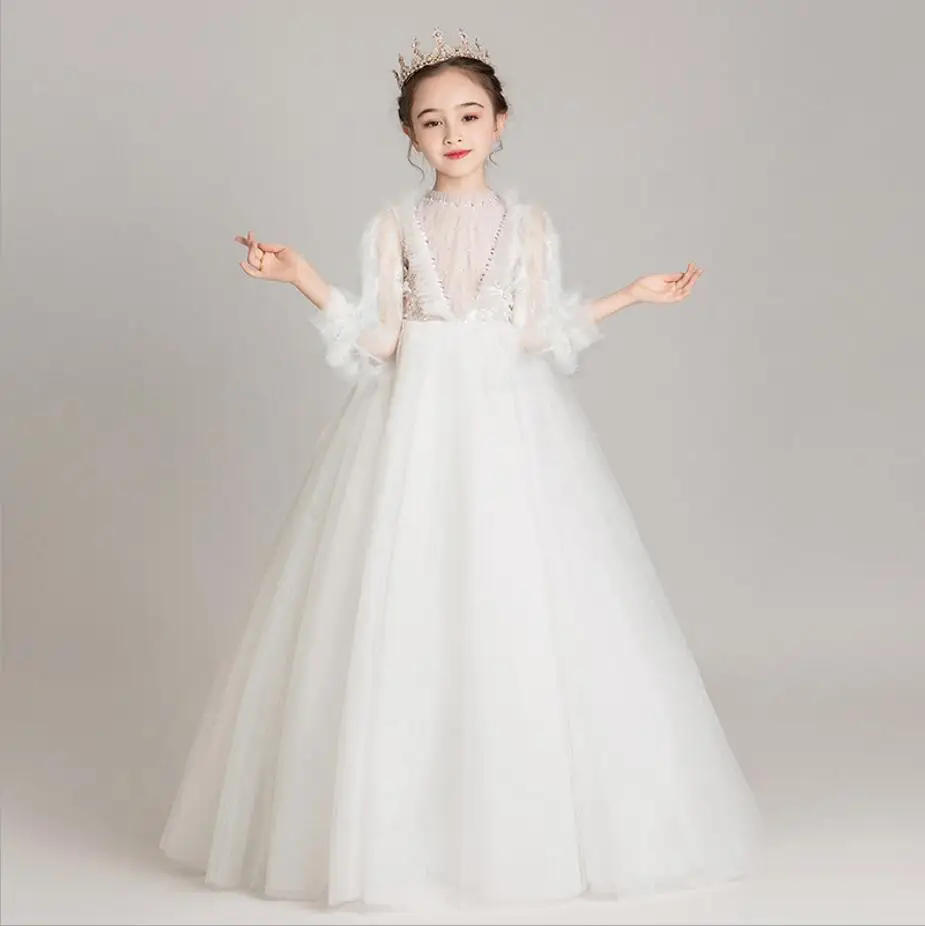 

Белое кружевное платье принцессы для девочек, детское Элегантное свадебное платье-пачка для выпускного вечера, детская фатиновая вечерняя одежда для первого причастия