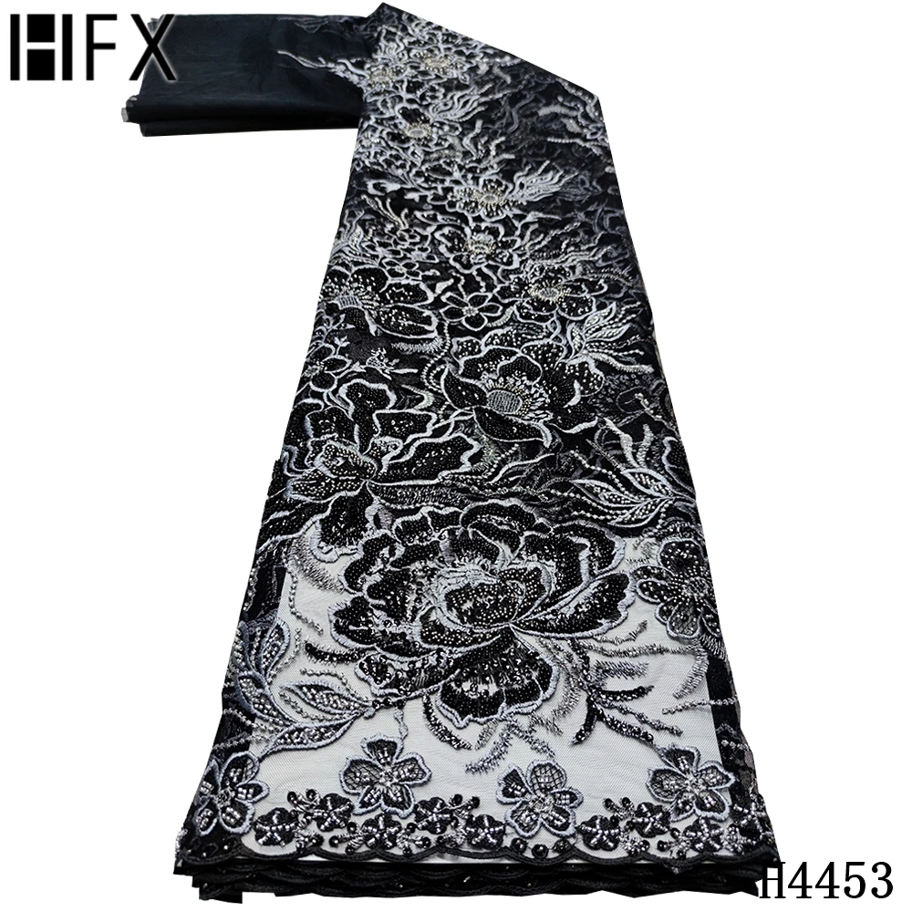 

HFX Top Quality Luxury Handmade Beaded Lace Fabrics 5yards Nigerian Tulle Lace Fabric New Design Heavy Beaded Lace Fabric H4453