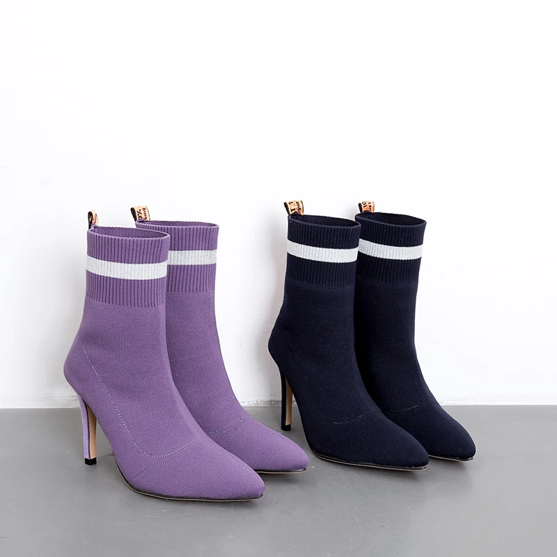 2019 г. Женские фиолетовые растягивающиеся ботинки ботильоны на высоком каблуке 10