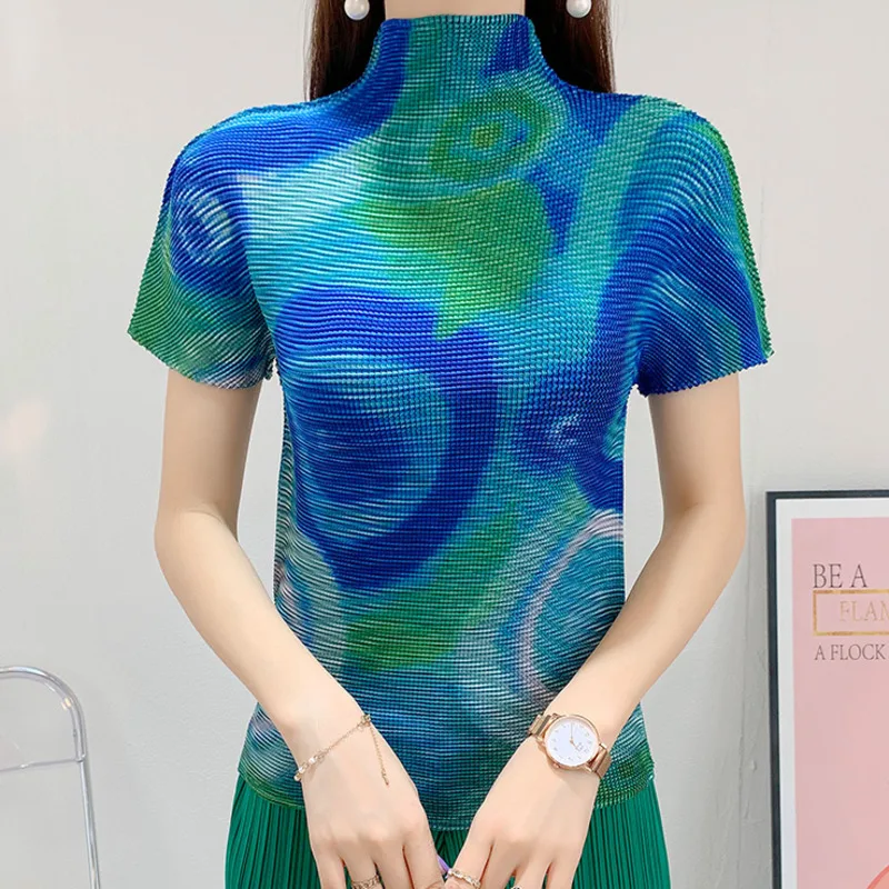 LANMREM Fold Temperament High Collar T-shirt Women 2022 Summer Thin Print Short Sleeve Stretch Top Female Elegant 2D3953 | Женская