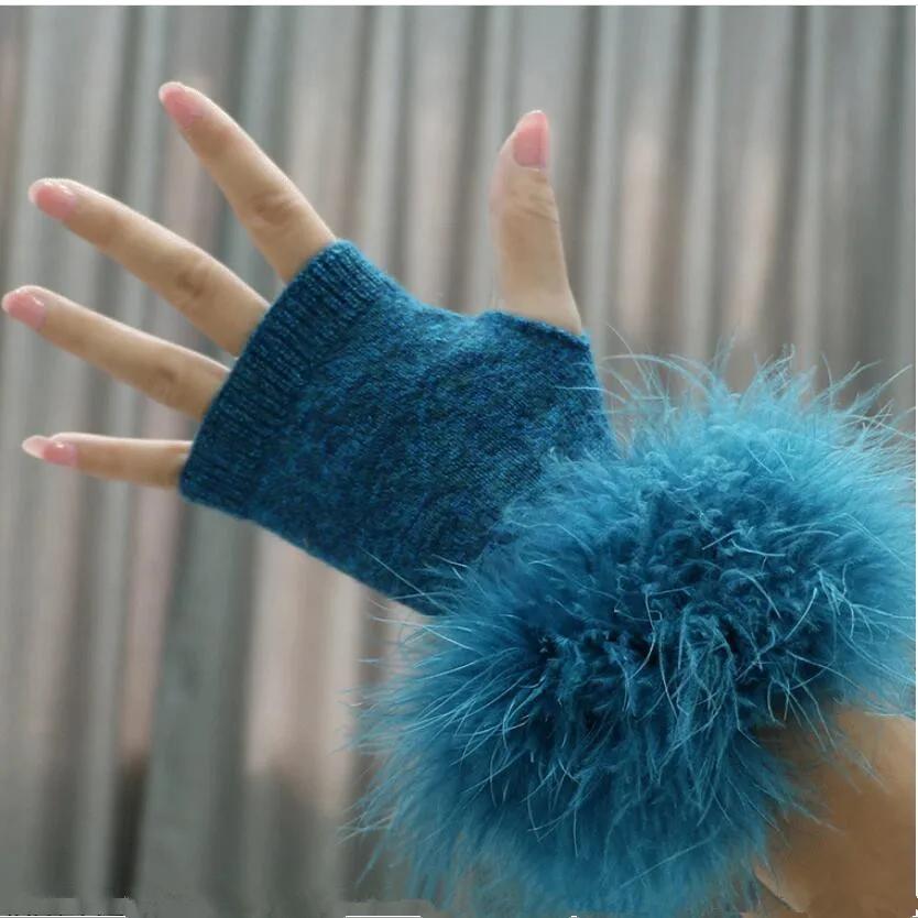 

Real Ostrich Feather Wool Fingerless Gloves Winter Mittens for Women Furry Autumn Hand Warmer M05