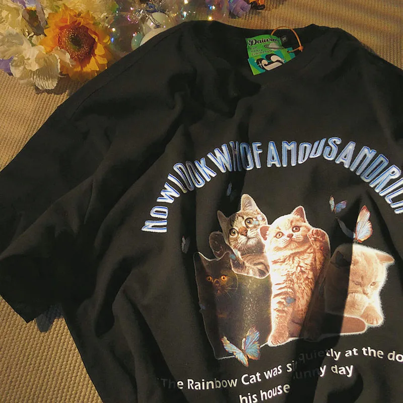 Футболка женская оверсайз с круглым вырезом и принтом Котенок | Женская одежда