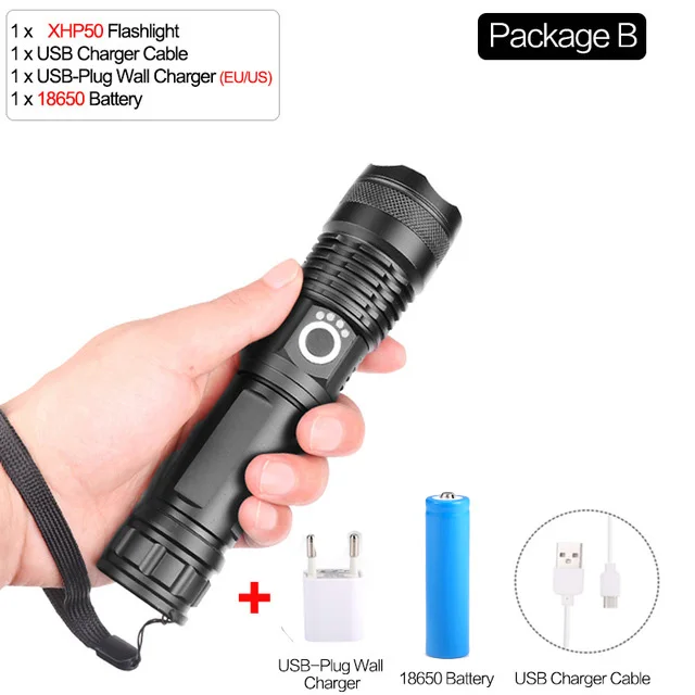 Package B-18650 Яркий светодиодный фонарик xhp70.2 самые мощные фонарики usb zoom torch xhp70 xhp50 26650 18650 перезаряжаемая лампа для кемпинга - Испускаемый цвет: Package B-18650