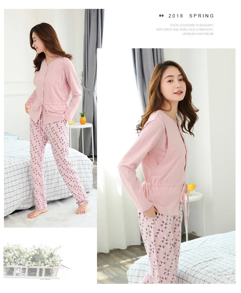 Fdfklak Spring Autumn Cotton Maternity Sleep Pregnancy Pajama Shirts For Feeding Pink Nursing Pajama Long Sleeve Sleepwear enlarge