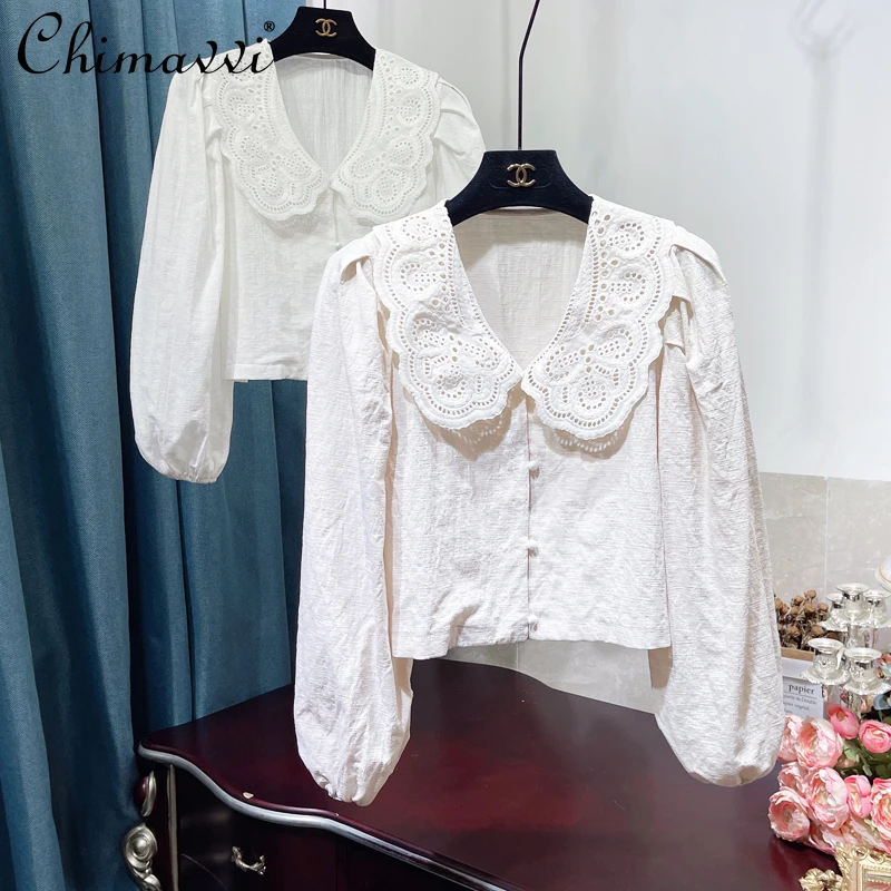 

Retro Peter Pan Collar White Casual Shirt Women's Autumn Hollow Lace Stitching Blouses Female Puff Sleeve Short Loose Top