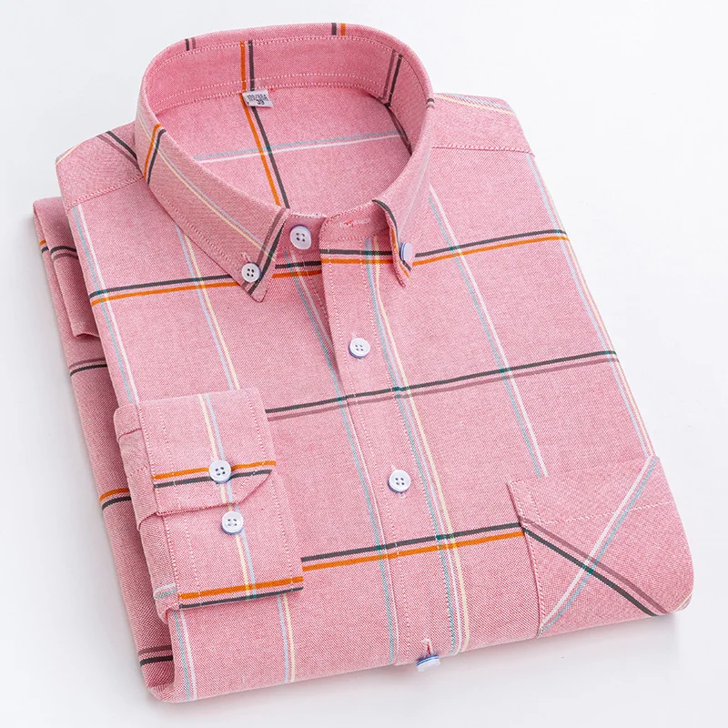 S-6XL New Men's Long Sleeve Oxford Plaid Casual Shirt Front Patch Chest Pocket Regular-fit Button-down Collar Thick Work Shirts