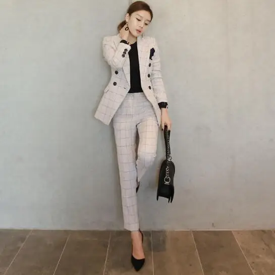 Женский офисный пиджак и брюки Осенний винтажный деловой в белую клетку из 2