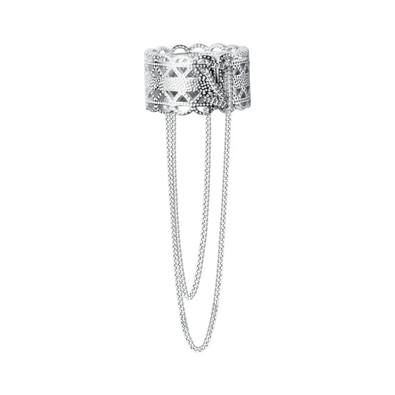 

925 Sterling Silver Korean Temperament Hollow Lace Pattern Twist Chain Tassel Ring Opening For Women Lady Daughter Gifts