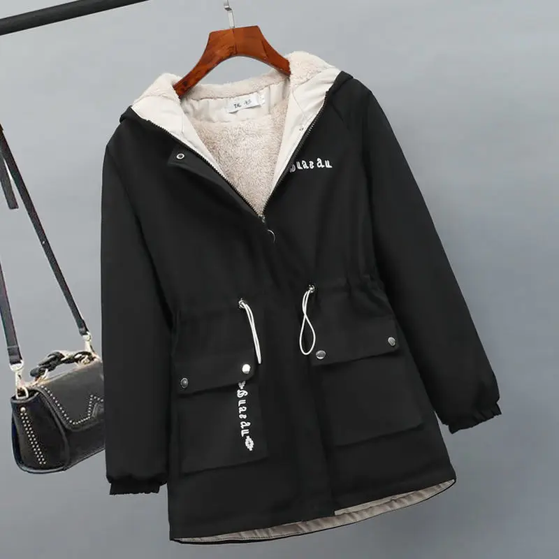

Fashion solid color women's winter down jacket medium long drawstring zipper jacket Plush thickened jacket windbreaker 2022 NEW