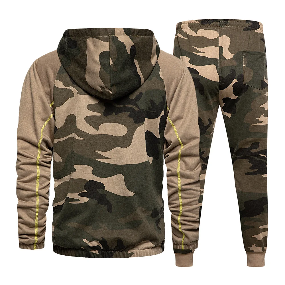 

Autumn Men Tracksuit 2 Piece Set Camouflage Printed Patchwork Hoodies and Pants Set Men Running Sports Clothing Jogging Suit