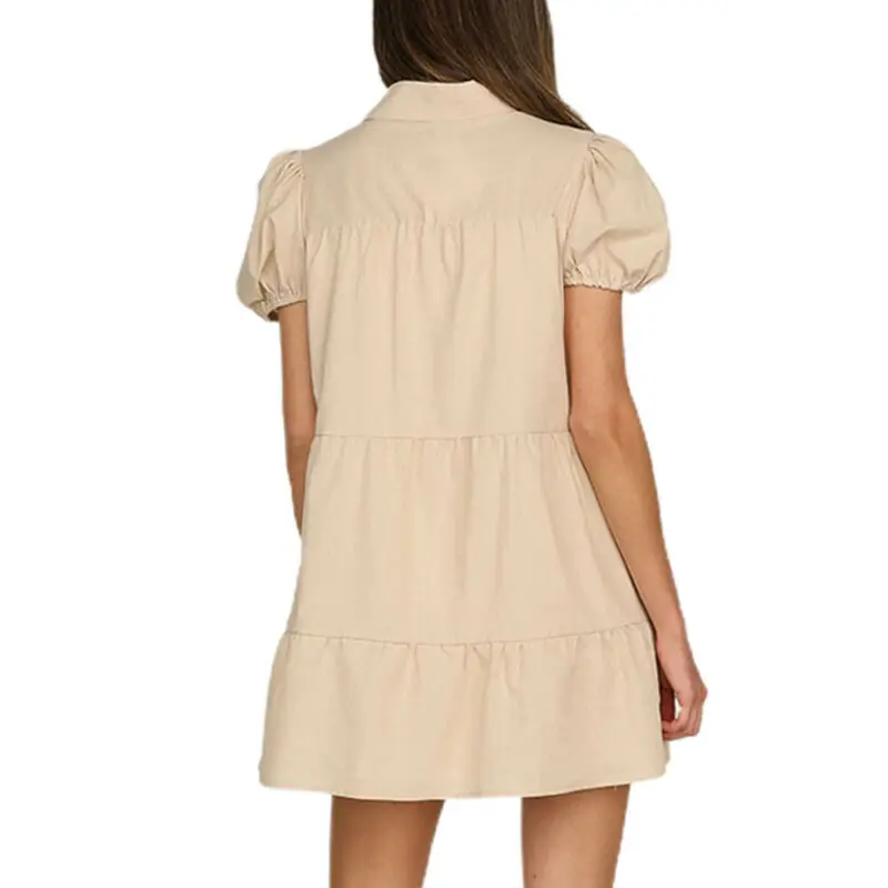 

Womens Dress Puff Sleeve Turn-down Collar Buttons Pleated Mini Shirt Dresses Summer Beach Casual Loose Dresses Women Clothing