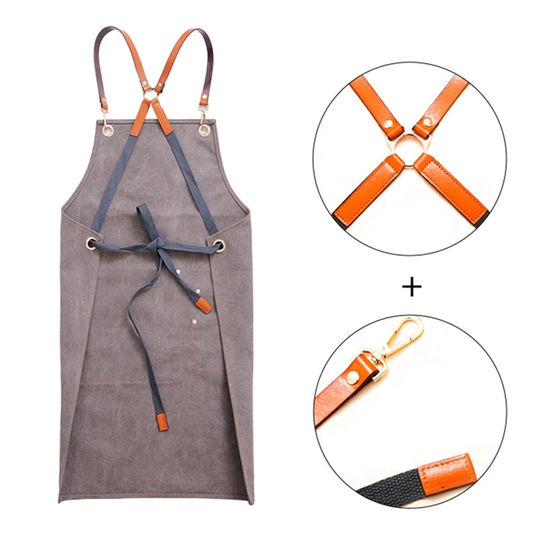 

Bib Apron Adjustable Cotton Canvas Aprons Pocket Cross-Back Straps 30.7x22 67JB