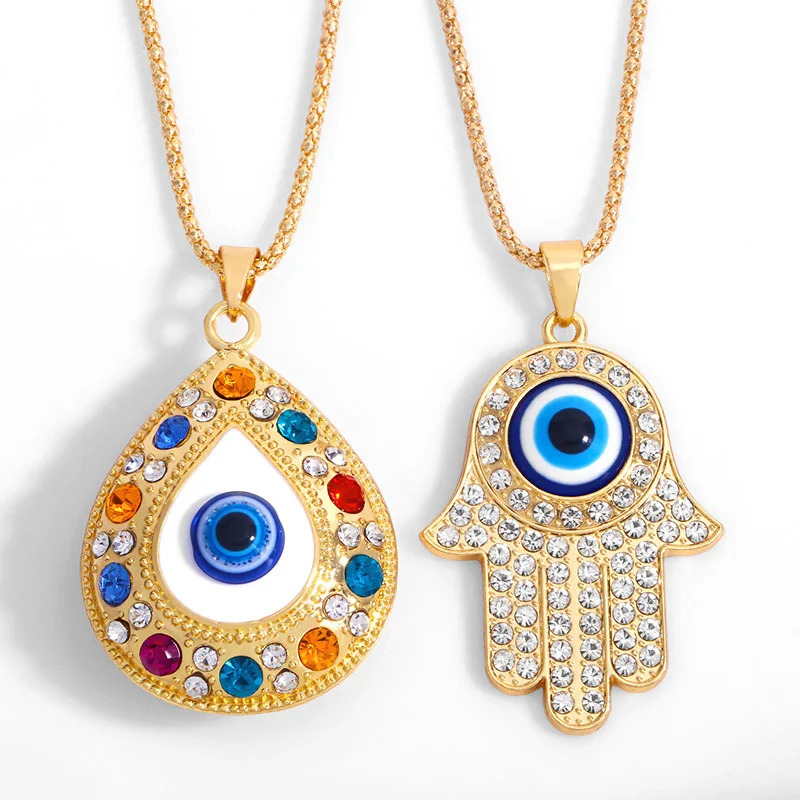 

1PC Turkish Crystal Evil Eye Necklace Enamel Glaze Hand Hamsa Sweater Chain Pendant Necklace Women Jewelry Link Chains