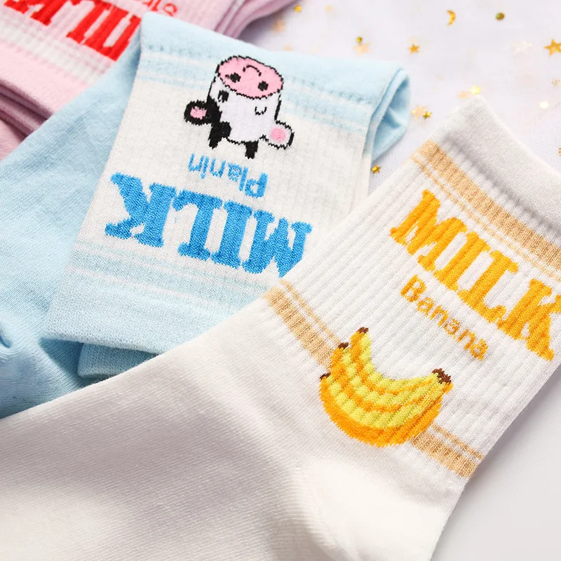 

Medium Tube Cotton Socks Japanese Fashion Casual Socks Banana Strawberry Milk Women Socks Short Sock Spring Summer