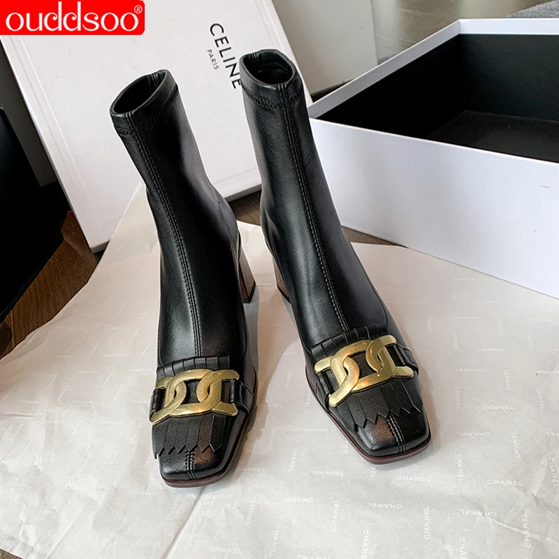 ODS Autumn Winter Black White Genuine Leather Ankle Boots For Women Square Toe Chunky Heel With Metal Buckle Plus Size 43