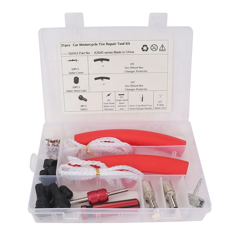 

31-Piece Tire Repair Tool Kit with Red Protective Cover Suitable for Cars and Motorcycles
