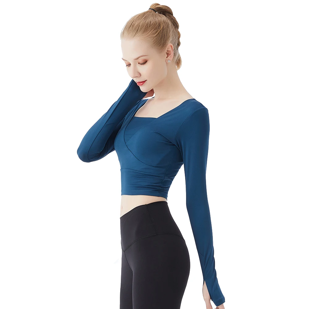 

LUKITAS Fitness Women Sport Wear Clothing Yoga Shirt Built-In Removable Pad Nylon Solid Running Gym Long Sleeve Workout Crop Top