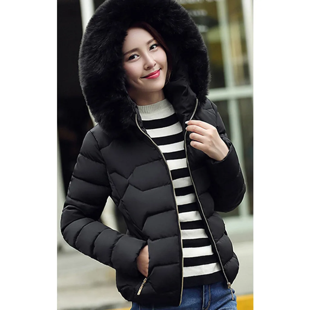 Зимние женские хлопковые парки короткие с искусственным воротником пальто