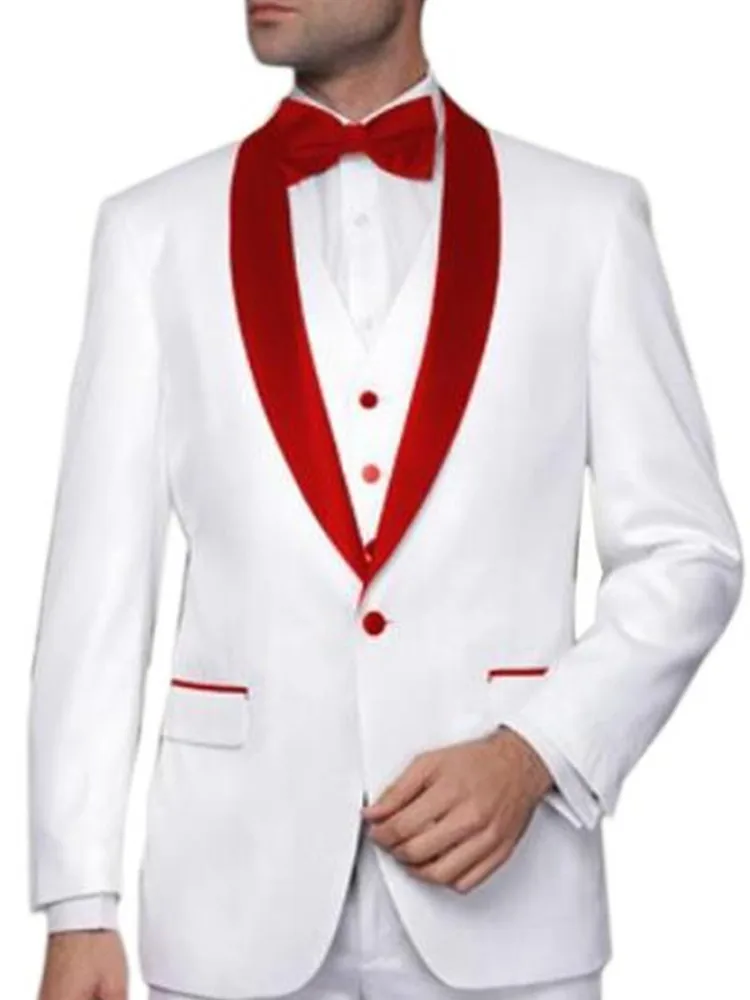 

Groom Wedding Suits For Men White With Red Collar 2021 Tuxedo