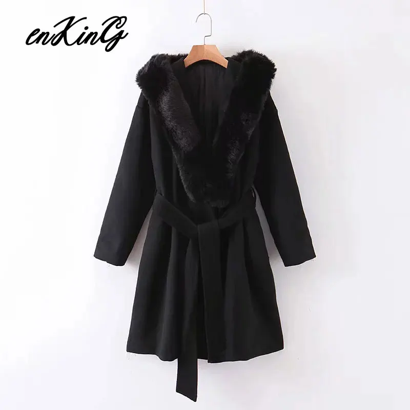 winter long za coat women england style vintage Wool collar splicing hooded oversize sashes thick woolen overcoat women