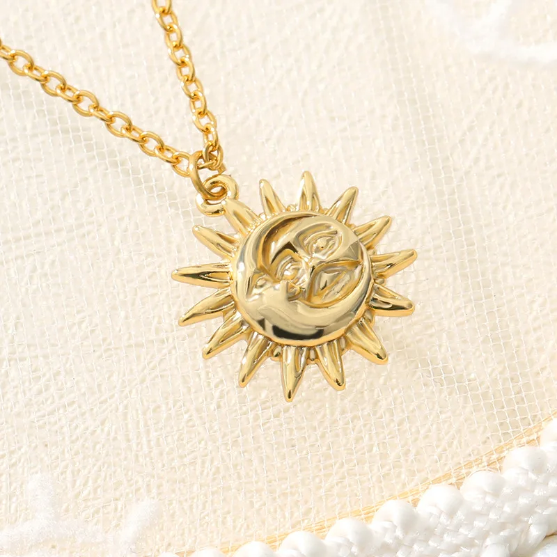 

2020 New Style Sun Abstract Pendant Necklace Women Gold Plated 18K Stainless Steel Anti-Rust Ornament Accessories