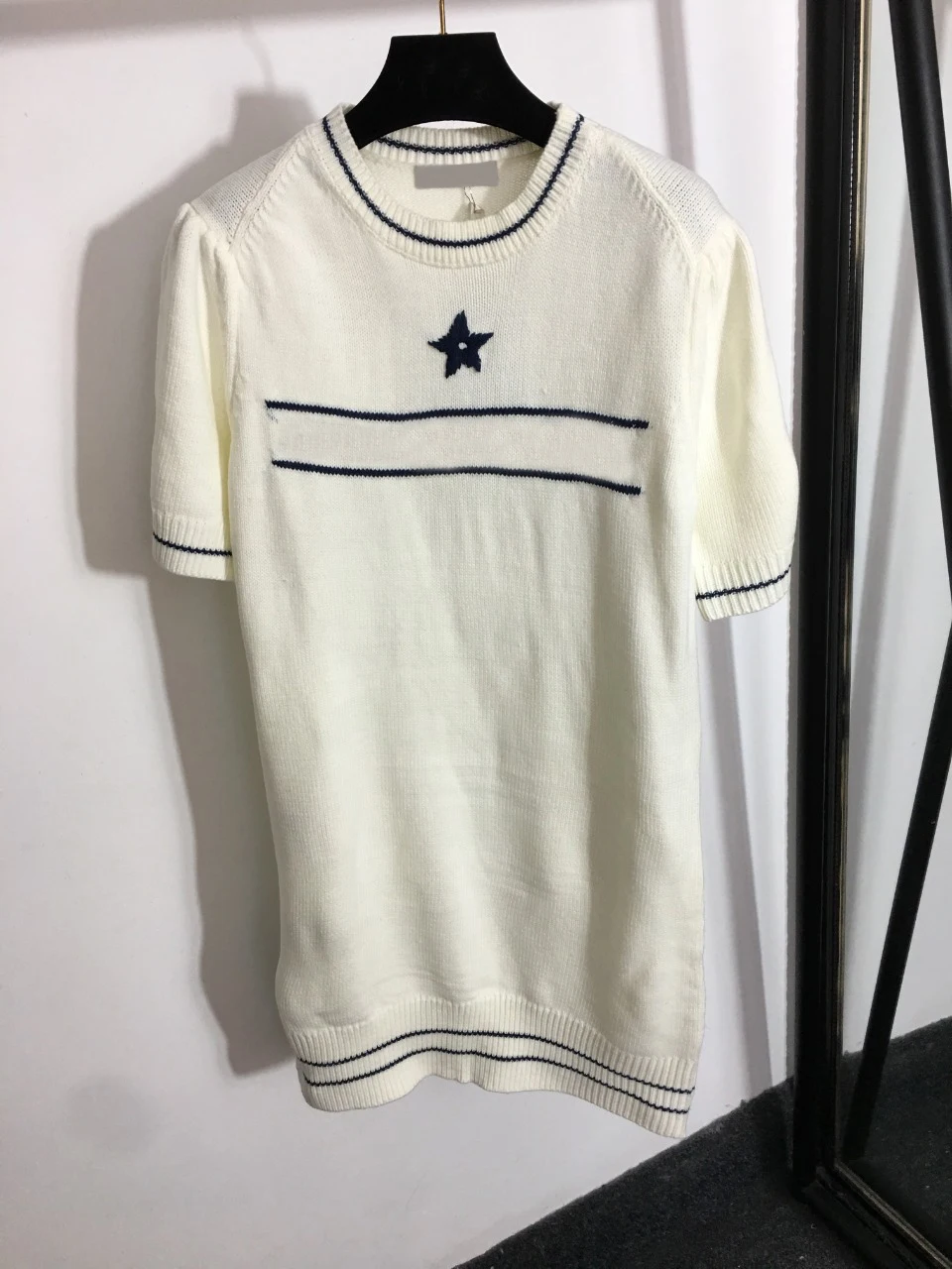 

21 luxury design embroidered five pointed star letter jacquard bubble short sleeve straight skirt fashion women's Knitted Dress