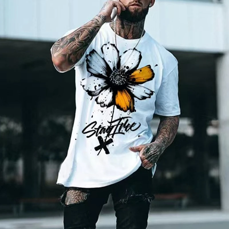 

2021 летняя Модная рубашка, Повседневная футболка с 3D цветочным принтом, Свободный дышащий спортивный топ с круглым вырезом и коротким рукаво...