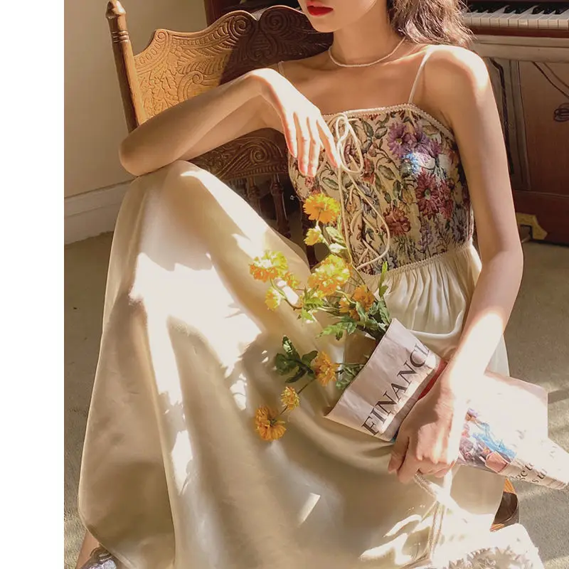 

Women Designer Elegant Sweet Vintage Floral Print Strap Dress Lace-up Chiffon Fairy Midi Dress Holiday Beach Summer Dress 2021