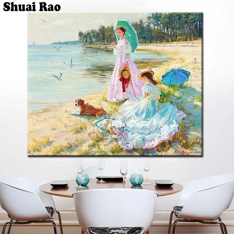 

3d Cross Stitch Full Square round drill mosaic diamond European beauty seaside leisure 5d diy Diamond Painting home art,