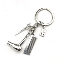 2021 hair stylist essential hair dryer scissors comb decorative keychains hairdressers gift key rings hair dryer letter keyring