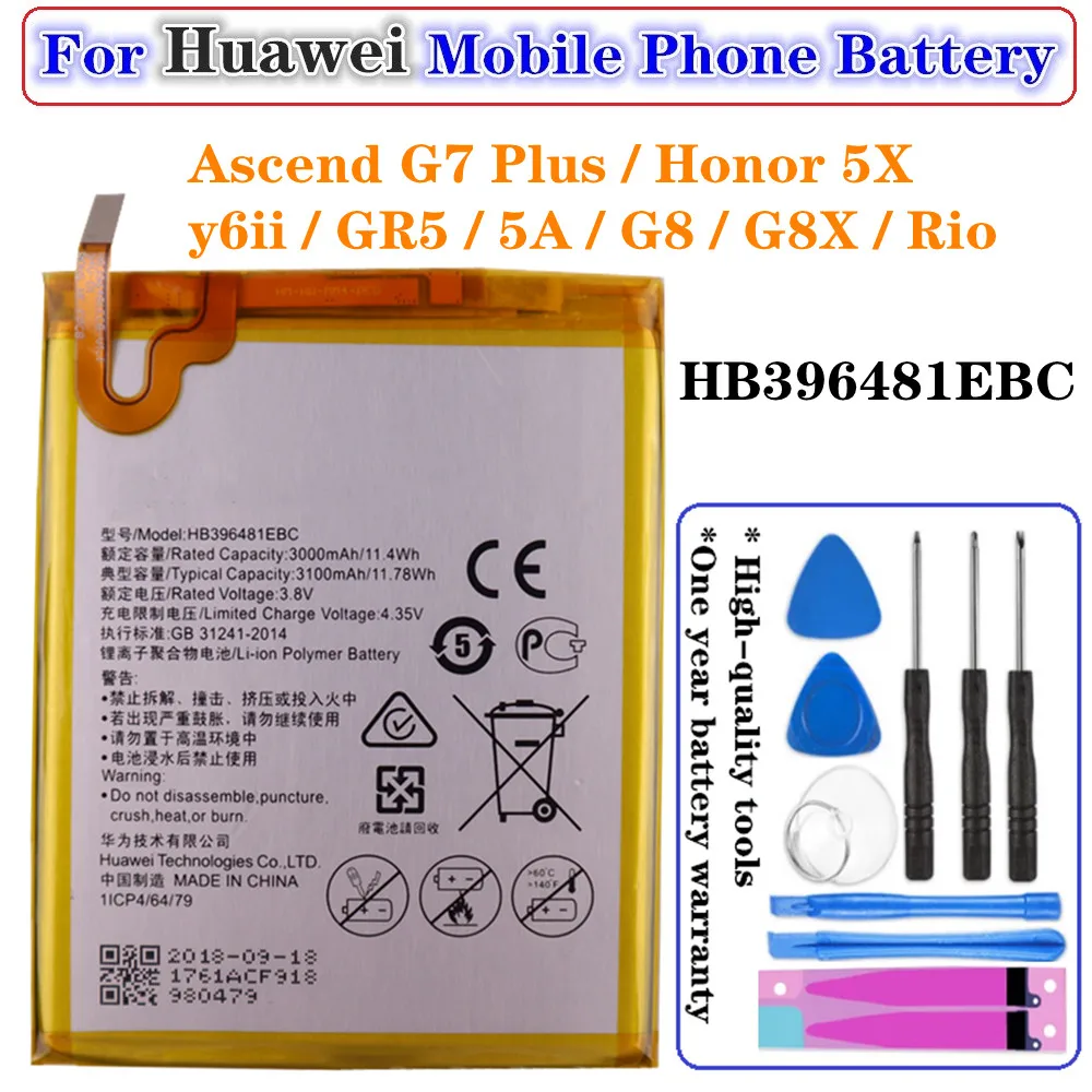 

HB396481EBC Battery For Huawei Ascend G7 Plus Honor 5X y6ii GR5 5A G8 G8X Rio L03 UL00 TL00 AL00 3100mAh Phone Battery + Tools