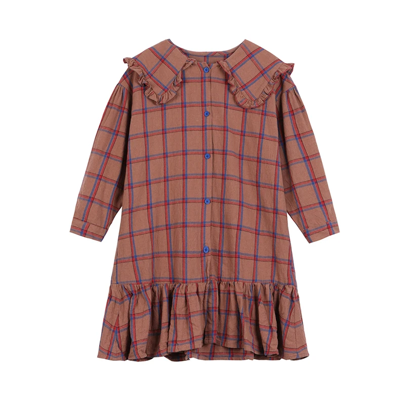 

2020 spring and autumn children's new gingham cotton dress fashionable ruffle collar design single-breasted long-sleeve dress