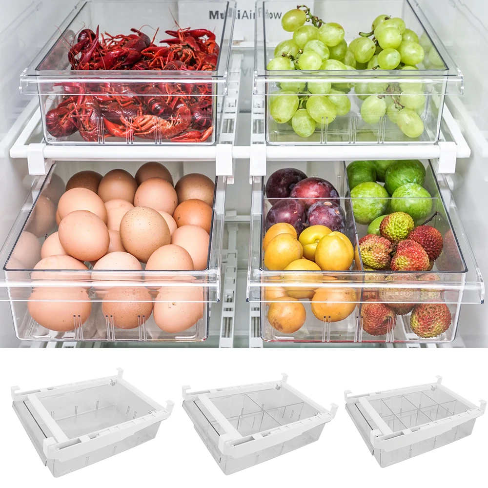 

Refrigerator Drawer For Pantry Freezer Fridge Storage Bin Containers Adjustable 1/4/8 Grid Spacer Layer Food Storage Box